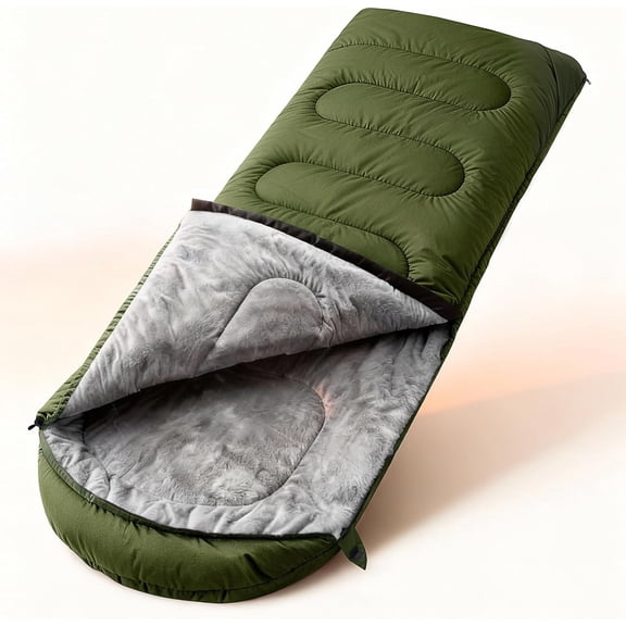 Adult Envelope-Shaped Sleeping Bag with Plush Fleece Lining, Waterproof Windproof Polyester Shell, 1050  F Rating, Army Green with Right-Side Zipper, Large Size
