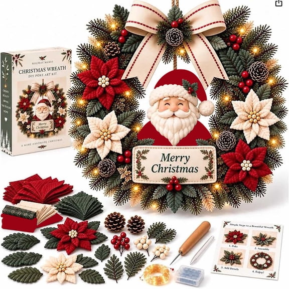 Adult Fabric Wreath DIY Assembly Kit, Themed Holiday Door & Wall Hanging Craft Set with Faux Flowers, Pinecones & Warm White LED Light String, Complete Handmade Decor Gift for Home