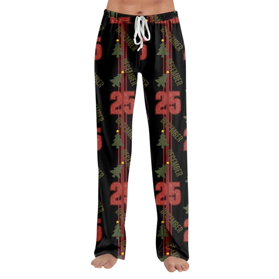 Adult Fashion Loose Christmas Print Casual Pants with Drawstring Elastic Waist, Comfortable Sleepwear and Loungewear Trousers for Home Use,Black,S