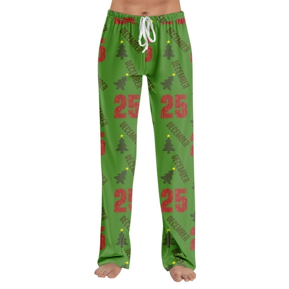 Adult Fashion Loose Christmas Print Casual Pants with Drawstring Elastic Waist, Comfortable Sleepwear and Loungewear Trousers for Home Use,Green,S