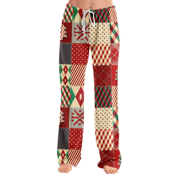 Adult Fashionable Loose Christmas Printed Casual Pants, Loungewear Sleep Pants with Drawstring Elastic Waist for Home and Comfortable Wear,Watermelon Red,S