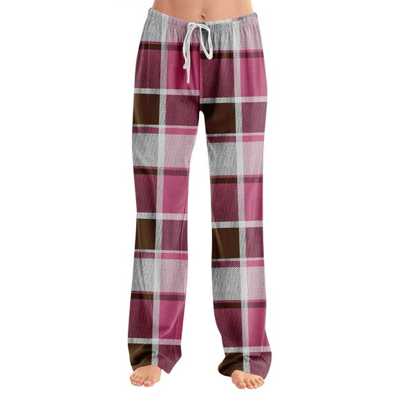Adult Fashionable Loose Plaid Print Casual Pants Pajamas, Comfortable Sleepwear for Home Use, Ideal for Lounge and Relaxing Evenings,Hot Pink,M