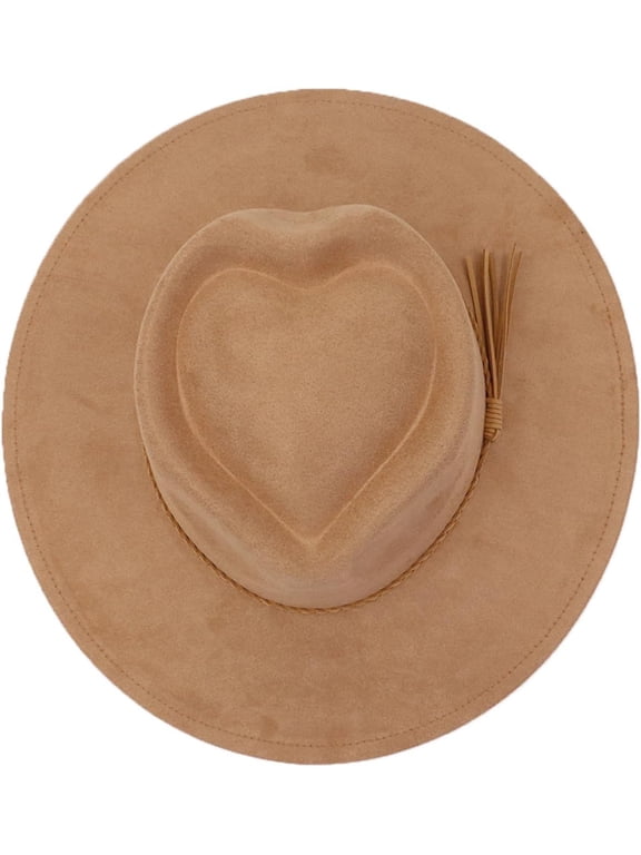 Adult Faux Suede Fedora Hat for Men Women Wide Brim Heart Decorative Tassel Band Jazz Cap Cowgirl Western Cap