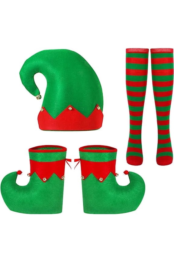 Adult Felt Elf Hat Shoes and Covers Socks with Bells Christmas Fancy Dress for Women Men Christmas Costume