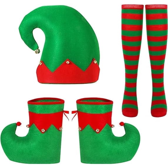 Adult Felt Elf Hat Shoes and Covers Socks with Bells Christmas Fancy Dress for Women Men Christmas Costume