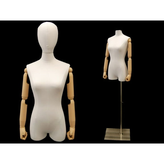 Adult Female Foam Dress Form, Pure White Linen Cover w/ Arm & Adjustable Base | #F1WLARM