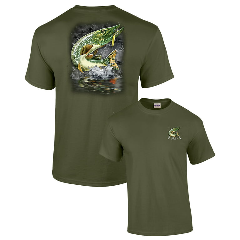 Adult Fishing Short Sleeve T-shirt Jumping Pike-Military-Large