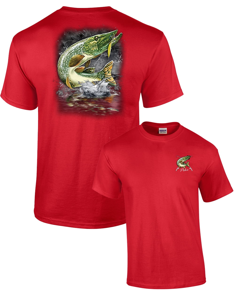 Fishing T-Shirt Pike Jumping After Lure 2 Sides, Size: Xxxl, Red