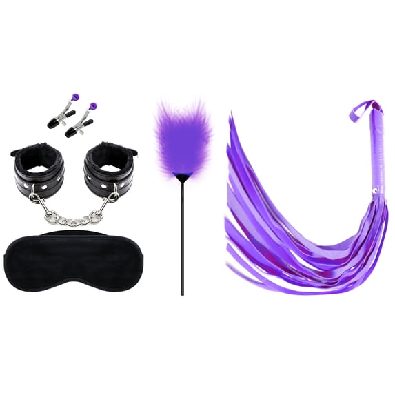 Adult Flirting Bondage SM Sex Toys 5 PCS Set Black Eye Mask, Purple Feather/Whip, Black Handcuff, Nipple Clip