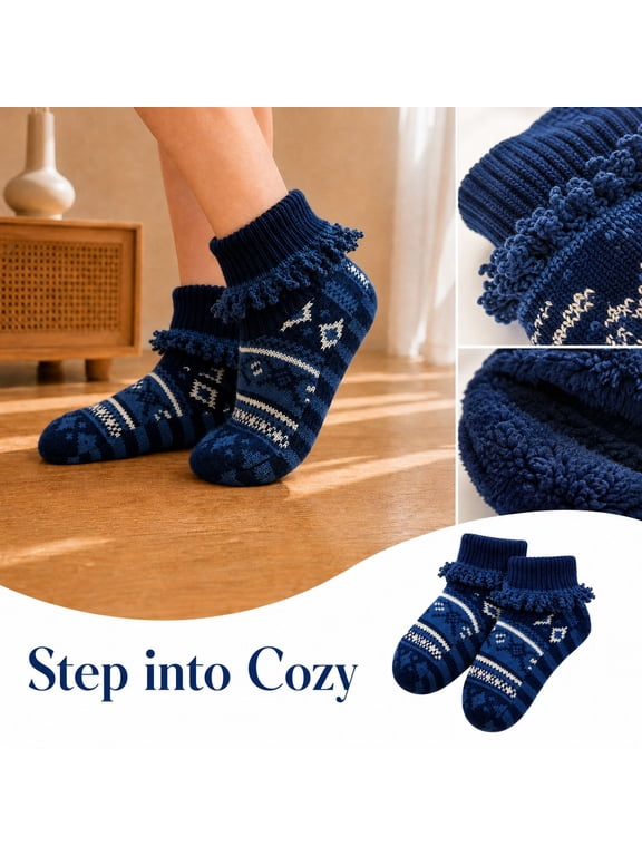 Adult Floor Slipper Socks Cable Knit Fleece Lined Thick Sock Slippers Indoor House Socks Warm Knit Bootie Socks Cozy Winter Footwear Non Slip Soft Plush Home Shoes (Navy)