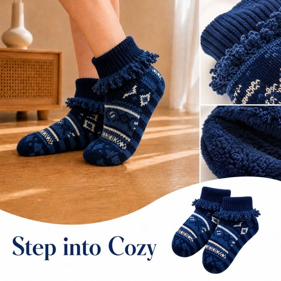 Adult Floor Slipper Socks Cable Knit Fleece Lined Thick Sock Slippers Indoor House Socks Warm Knit Bootie Socks Cozy Winter Home Footwear Non Slip Soft Plush Ankle Socks For Women Men (Navy)