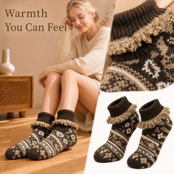 Adult Floor Slipper Socks Cable Knit Fleece Lined Thick Sock Slippers Indoor House Socks Warm Knit Bootie Socks Cozy Winter Non Skid Gripper Bottom Soft Plush Home Footwear Women Men