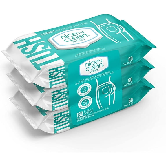 Adult Flushable Wipes (3 x 60 Count) | Personal Cleansing Wipes Made from Plant-Based Fibers | Infused with Aloe & Vitamin E