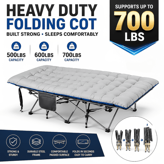 Adult Folding Camping Cot, 1200D Double-Layer Oxford Fabric Portable Outdoor Folding Bed With Soft Mattress & Carry Bag. Heavy-duty Construction, Suitable For Patios, Lawns And Gardens.
