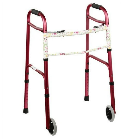 Adult Folding Walker 5 Inch Wheels Single Button Release - Pink - 1 Each / Each - 4080RW5