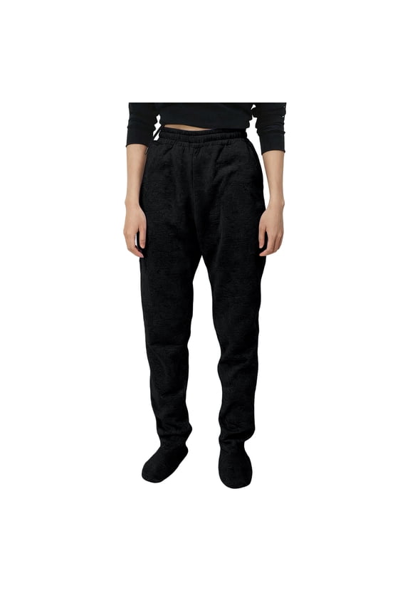 Adult Footed Sweatpants with Fleece Lined Feet for Maximum Warmth, Elastic Waist Soft and Warm Footie Pajama Pants for Cozy Indoor and Outdoor Winter Wear,Black,L