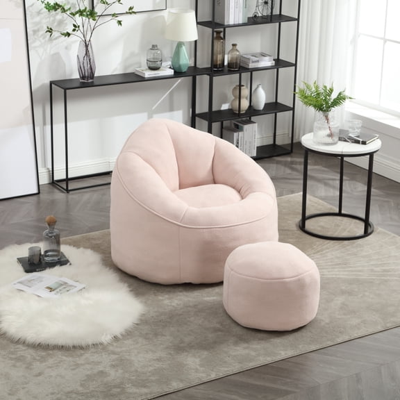 Adult-Friendly Bean Bag Sofa Chair with Ottoman & Padded Foam Backrest, Lightweight Compressed Design for Living Room, Bedroom, Dorm, and Apartment Comfort, Pink