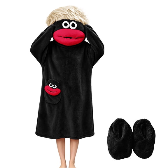 Adult Funny Big Mouth Monster Hooded Jumpsuit Pajamas with Shoes, Novelty Plush Sleepwear Loungewear Outfit for Costume Parties and Relaxing Home