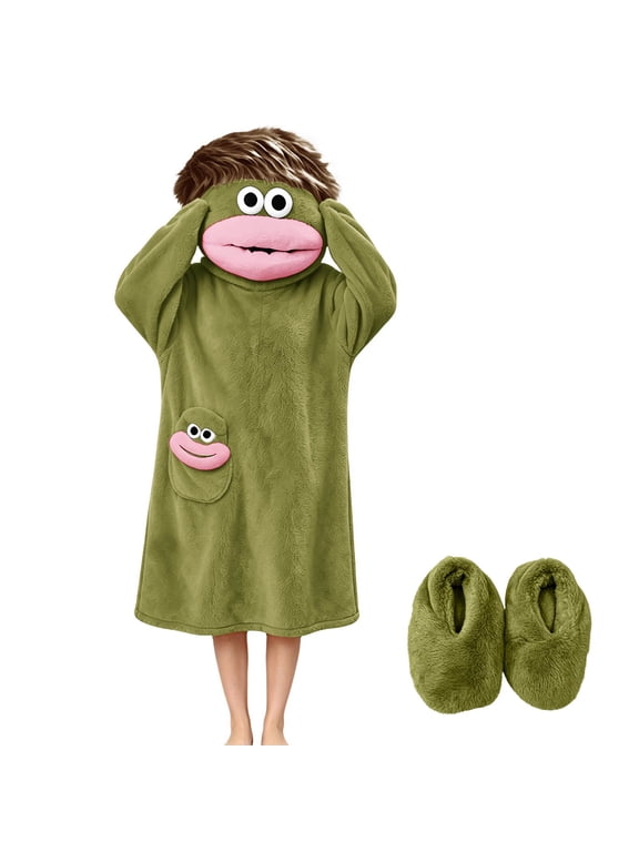Adult Funny Big Mouth Monster Hooded Jumpsuit Pajamas with Shoes, Novelty Plush Sleepwear Loungewear Outfit for Costume Parties and Relaxing Home