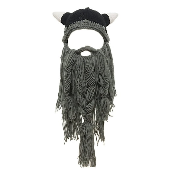 Adult Funny Knitted Viking Beard Beanie Horn Hat Winter Warm Mask