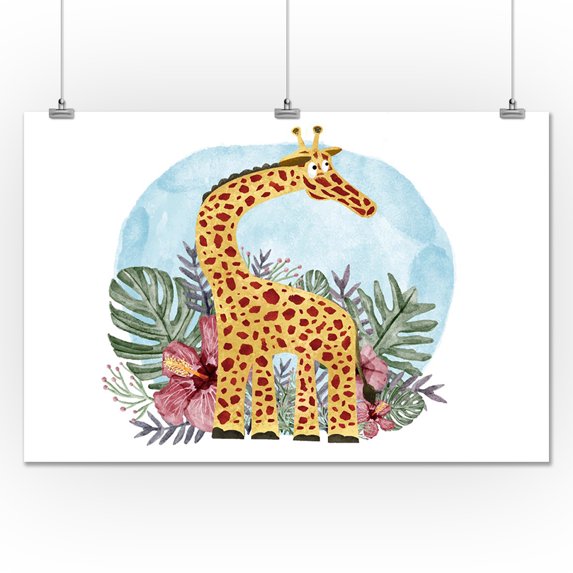 Adult Giraffe - Ferns & Flowers - Whimsical Watercolor - Lantern Press Artwork (24x36 Giclee Gallery Print, Wall Decor Travel Poster)