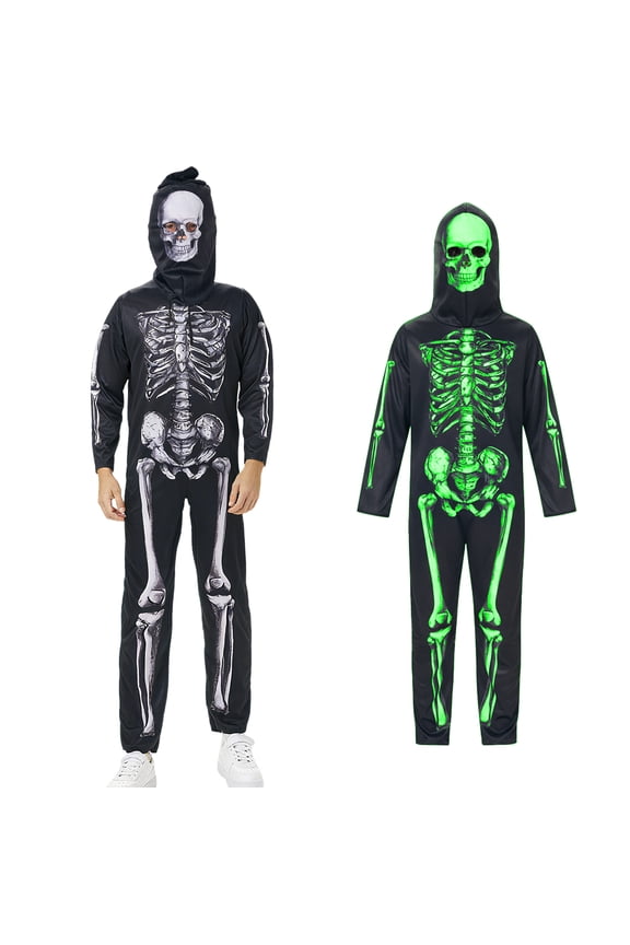 Adult Glow In Dark Skeleton Costume Halloween Hooded Jumpsuit