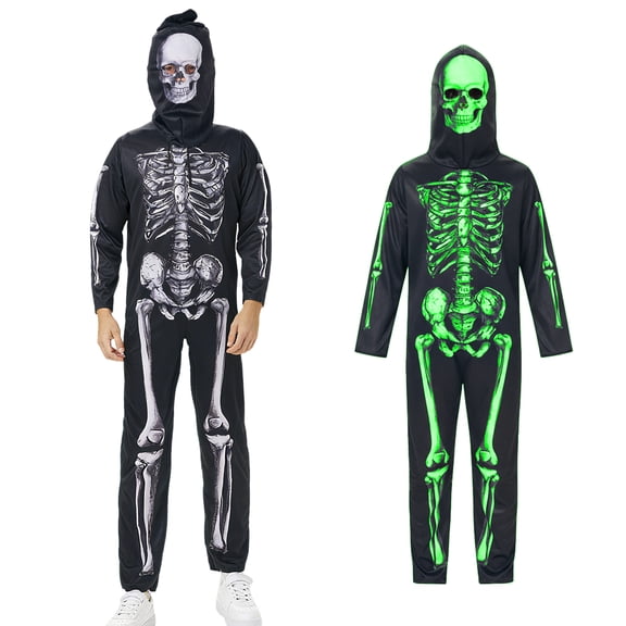 Adult Glow In Dark Skeleton Costume Halloween Hooded Jumpsuit