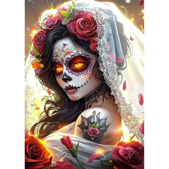 Adult Gothic Diamond Art Kit, Halloween Flower Woman DIY 5D Diamond Painting Kit, Full Diamond Diamond Dot Painting with Diamond Gemstone Arts and Crafts Home Decor 16x20 Inch Unframed