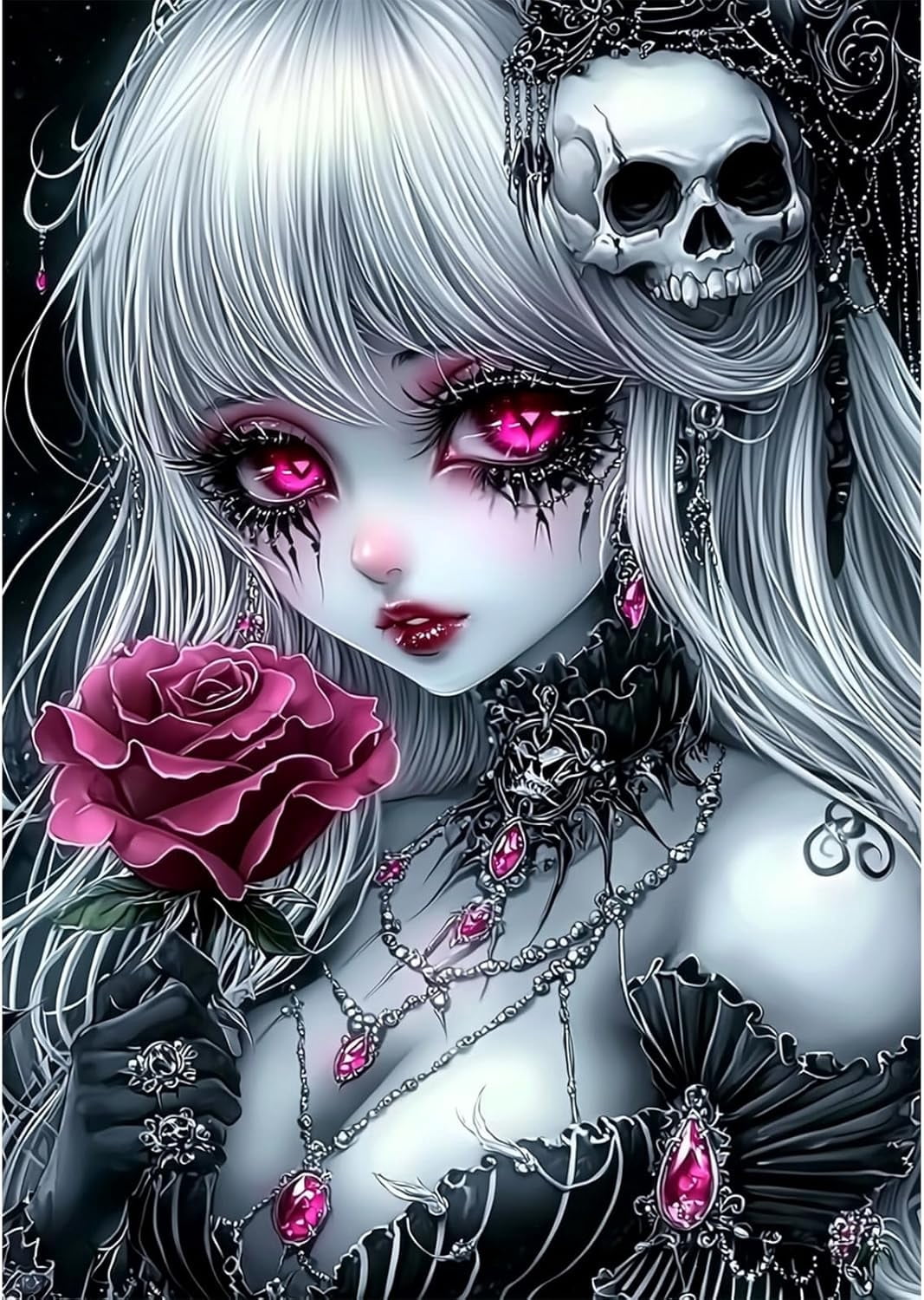 Adult Gothic Diamond Art Kit, Halloween Flower Woman DIY 5D Diamond Painting Kit, Full Diamond Diamond Dot Painting with Diamond Gemstone Arts and Crafts Home Decor 16x20 Inch Unframed