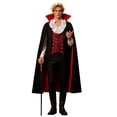 thumbnail image 1 of Adult Gothic Vampire Themed 3-Piece Outfit Set, Ruffled Collar Vest Top, Long Stand Collar Cape & Cane Prop for Halloween Party & Stage Performance Dress Up, 1 of 8