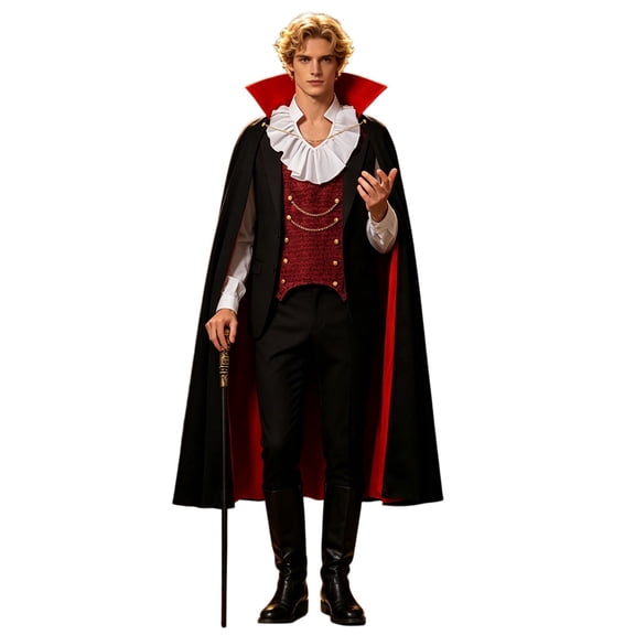 Adult Gothic Vampire Themed 3-Piece Outfit Set, Ruffled Collar Vest Top, Long Stand Collar Cape & Cane Prop for Halloween Party & Stage Performance Dress Up