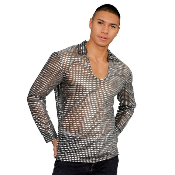 Adult Halloween Costume Mens Disco Shirt (SILVER Large/X-Large)