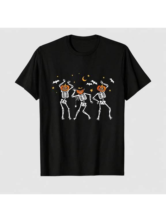 Adult Halloween Dancing Skeleton Pumpkin Graphic T-Shirt, 100% Cotton Short Sleeve Shirt