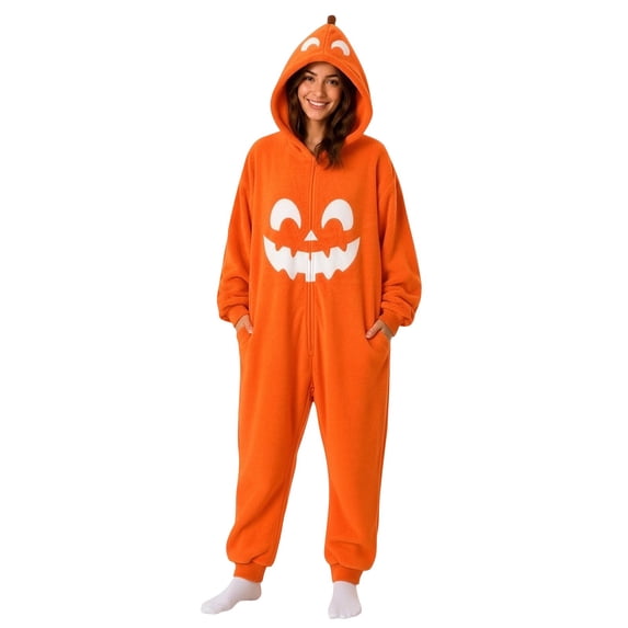 Adult Halloween Onesie Jack-O'-Lantern Pumpkin Graphic Long Sleeve Loose Fit Casual Loungewear Pajama Jumpsuit