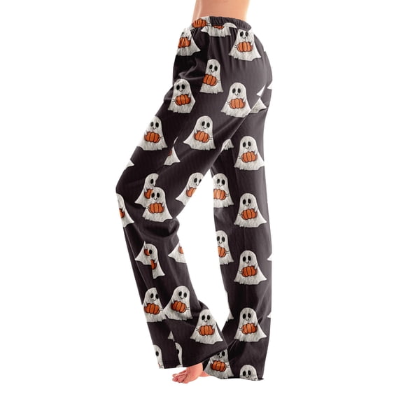 Adult Halloween Print Lounge Pants, Loose Casual Sleep Pants, Spooky Pumpkin Skull Pattern Pajama Bottoms for Loungewear 01-Black M
