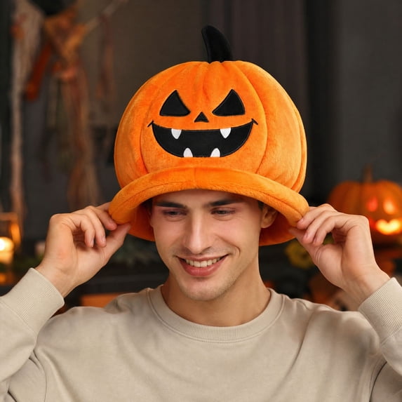 Adult Halloween Pumpkin Hat, Orange Polyester Pumpkin Face Costume Cap, Soft Breathable Short-Pile Fabric for Men and Women Party Dress-Up