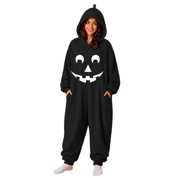 Adult Halloween Pumpkin Onesie BWASD Mens and Womens Matching Halloween Onesie Pajamas Hooded Loungewear with Pocket Print Soft Plush Sleepwear for Cold Fall Winter ,XXL