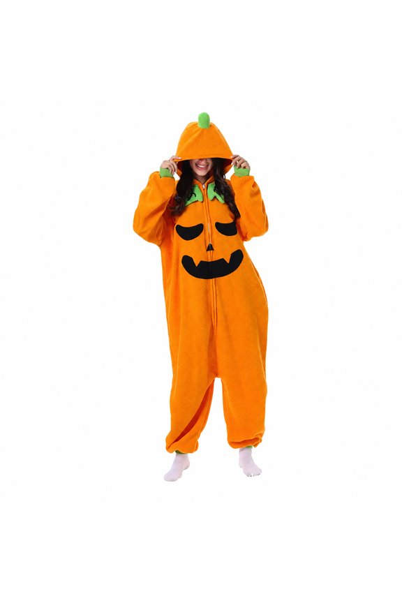 Adult Halloween Pumpkin Onesie Cozy Fleece Jack-O'-Lantern Costume Sleepwear Pajama Jumpsuit