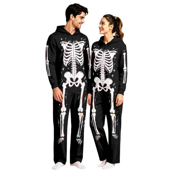Adult Halloween Relaxed‑Fit One‑Piece Jumpsuit, Hooded Full‑Body Skeleton Pattern Long Sleeve Couple Loungewear