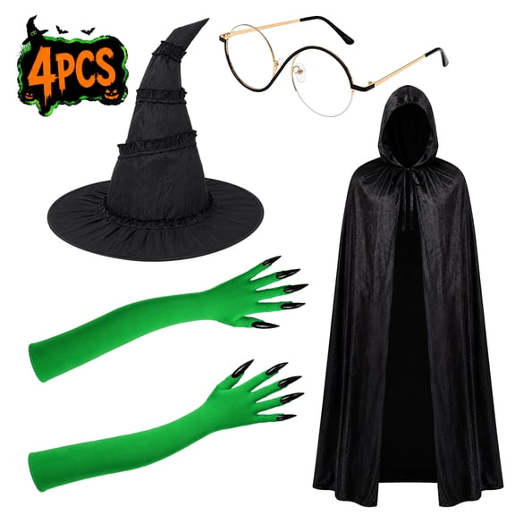 Adult Halloween Witch Costume Set with Pointed Witch Hat, Gloves, Glasses and Cloak for Women Halloween Wizard Cosplay Costume party (Style 1)