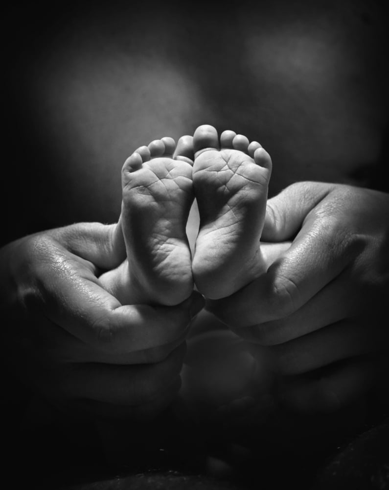 Adult Hands Holding Bare Baby Feet Canvas Art - Pete Stec Design Pics (14 x 18)