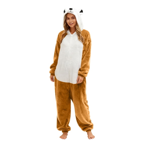 Adult Hoodie One-Piece Pajamas Jumpsuit Soft Cozy Flannel Bear Rompers Cute Cartoon Plush Sleepwear for Women Men