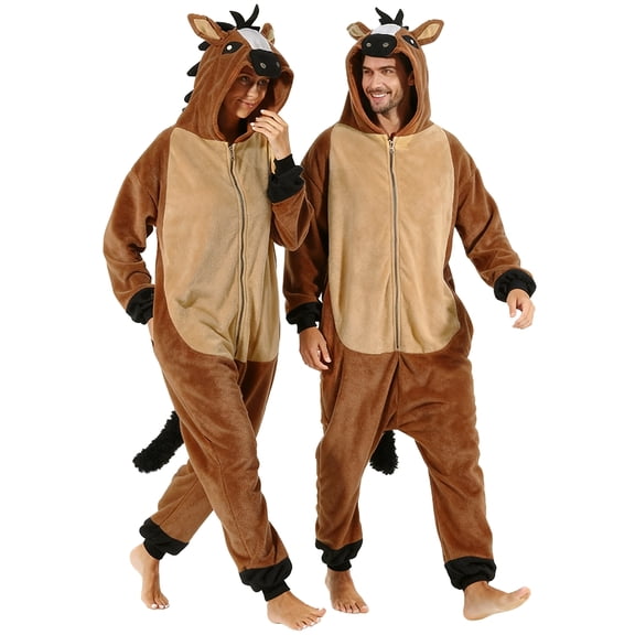 Adult Horse Onesie, Brown Horse Animal Costume, Funny Halloween Cosplay Fancy Dress Suit for Women Men