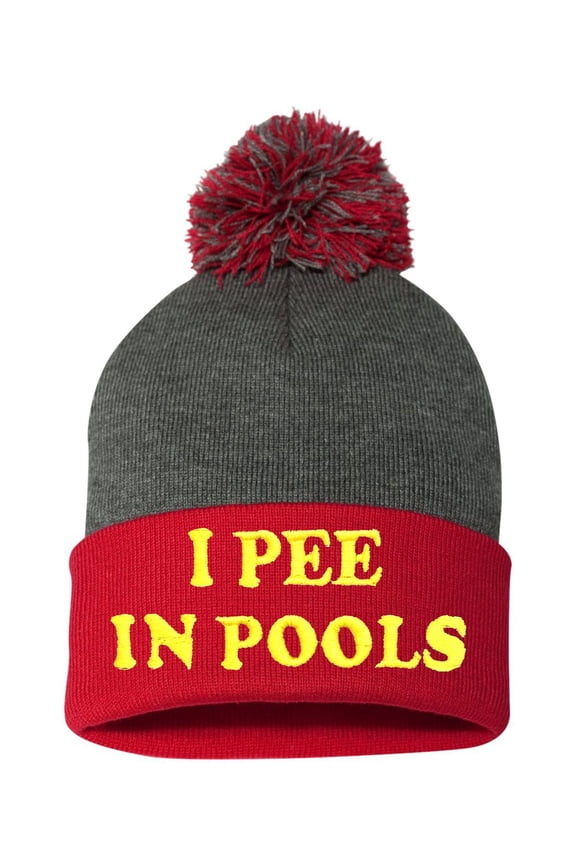 Adult I Pee In Pools Embroidered Knit Beanie Pom Cap