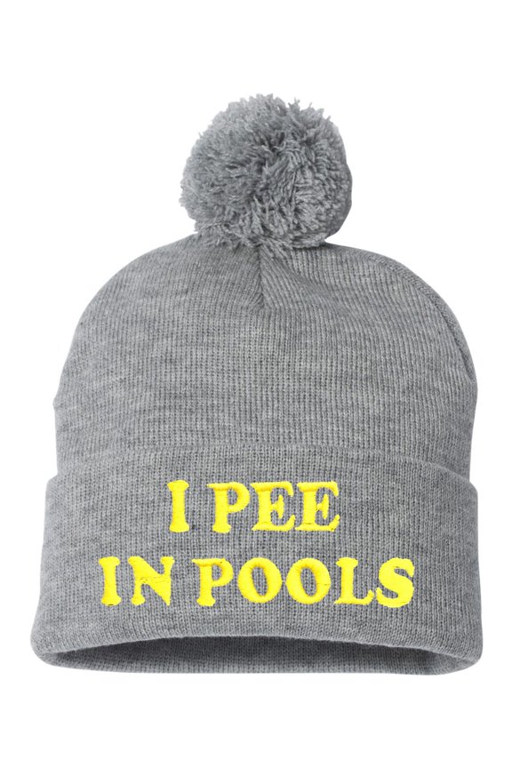 Adult I Pee In Pools Embroidered Knit Beanie Pom Cap