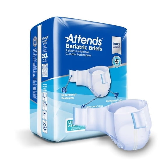 Attends Bariatric Adult Incontinence Brief, Tab Closure, 2X-Large, Disposable, Ultimate Absorbency, Bag of 12 (6 Pack)
