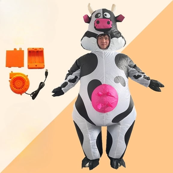 Adult Inflatable Black & White Cow Costume (Cute Pink Accent Farm Animal Style) - Farm-Themed Party Outfit (Fits 150-190cm/59-74.8in),Height 59"–74.8",Cow
