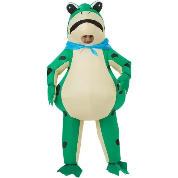 Inflatable Frog Costume for Adults, Funny Blowup Green Spotted Frog Mascot Suit with Blue Scarf for Halloween Cosplay Party