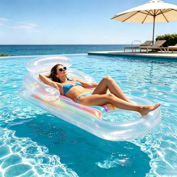 Adult Inflatable Pool Lounge Float Chair, Extra Thick Water Floating Mat with Headrest & Cup Holders, Relaxing Float for Swimming Pool Lake Beach - 68.9" x 29.5"(Clear)