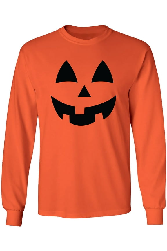 Adult Jack-O-Lantern Halloween Pumpkin Face Long Sleeve T-Shirt in Orange